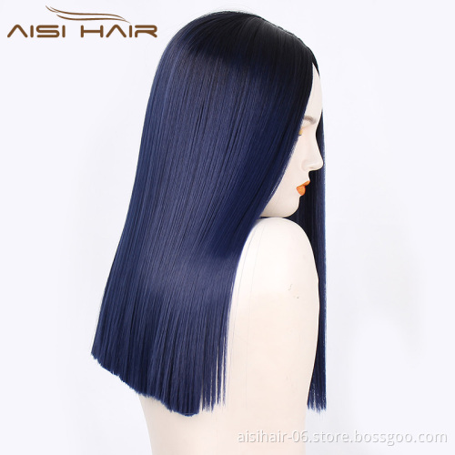 Aisi Hair Wholesale Middle Length Silky Straight Ombre Dark Blue Color Wig Afro Synthetic Cosplay Wigs For Black Women